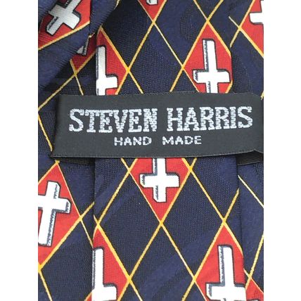 Steven Harris Mens Necktie Patriotic Blue Red White Argyle Cross Print Handmade