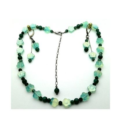 Jade Floral Glass Beaded Gemstone Necklace Earrings Set