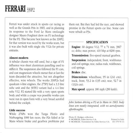 Collectors Club card. Classic Cars. Ferrari 330P2
