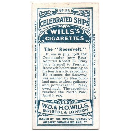 SINGLE WILLS CIGARETTE CARD CELEBRATED SHIPS 1911 NUMBER 28. THE ROOSEVELT