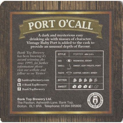BEER MAT - BANK TOP BREWERY - PORT O'CALL - (Cat No 026) - (2017)