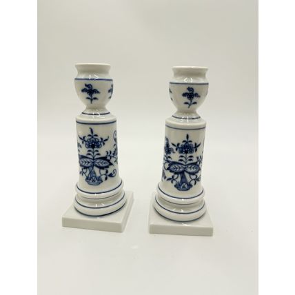 Antique Meissen Porcelain Blue Onion Candle Holder 6” Pair Germany Hand Painted