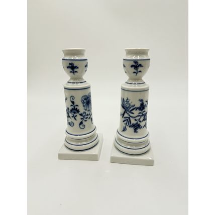 Antique Meissen Porcelain Blue Onion Candle Holder 6” Pair Germany Hand Painted