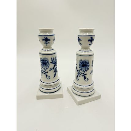Antique Meissen Porcelain Blue Onion Candle Holder 6” Pair Germany Hand Painted
