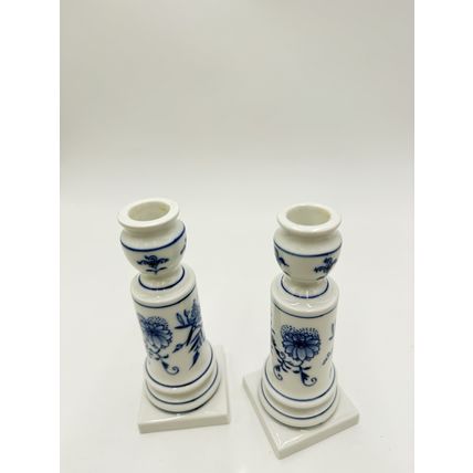 Antique Meissen Porcelain Blue Onion Candle Holder 6” Pair Germany Hand Painted
