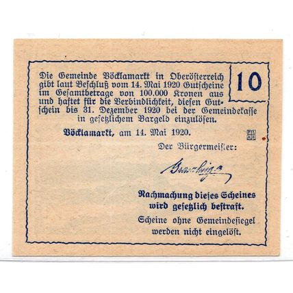 1920 Austria Voklamarkt Notgeld 10 Heller Note (1248)