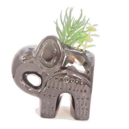 Ceramic Black Elephant Figurine/Ornament 13 CM with Faux Plastic Plants Gift
