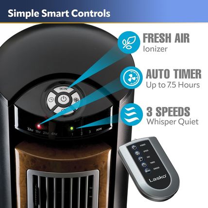 Lasko Oscillating Tower Fan, Remote Control, Ionizer, 3 Speeds, Timer, for Bedro
