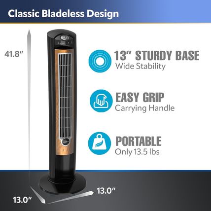 Lasko Oscillating Tower Fan, Remote Control, Ionizer, 3 Speeds, Timer, for Bedro