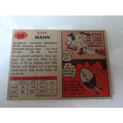 1957 Topps Football Card # 050 Dave Mann Very Good (3) Chicago Cardinals