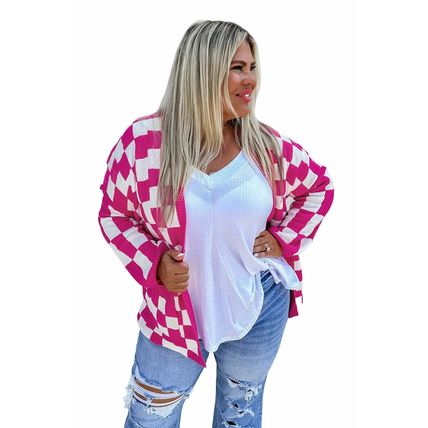 Bonbon Checkered Pattern Open Front Plus Size Cardigan
