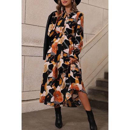 Orange Floral Print Tie Neck Long Sleeve Dress