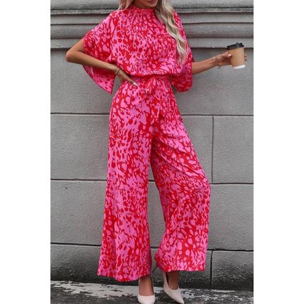 Rose Leopard Loose Sleeve Belted Wide Leg Jumpsuit