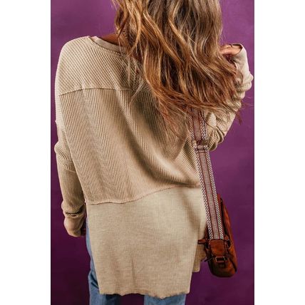 Light French Beige Exposed Seam Slit Neck Waffle Knit Patchwork Top