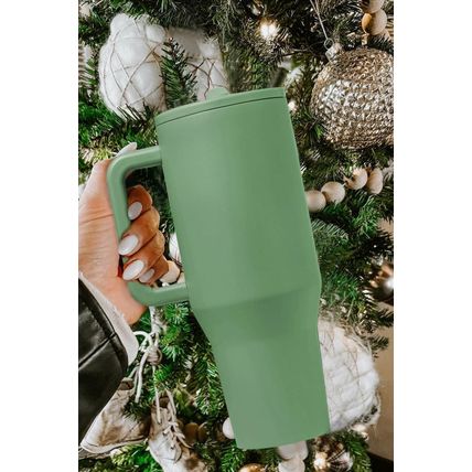 Dark Green Frosted Stainless Handle Large Vacuum Cup with Straw 40oz