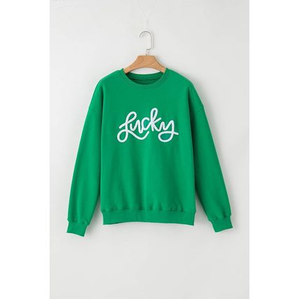 Green LUCKY Aphabet Chenille Embroidered Pullover Sweatshirt