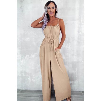 Apricot Spaghetti Straps Waist Tie Wide Leg Jumpsuit with Pockets