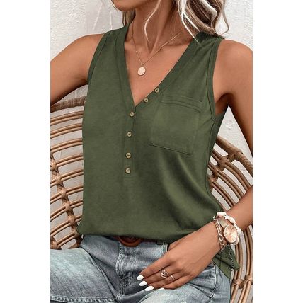 Jungle Green Half Button V Neck Patched Pocket Tank Top
