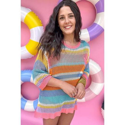 Pink Stripe Colorblock Hollowed Crochet 3/4 Sleeve Sweater