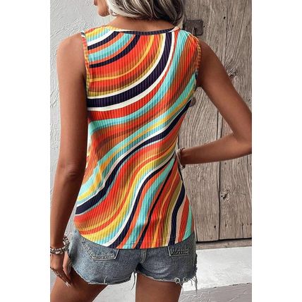 Multicolour Wavy Striped Buttoned V Neck Tank Top