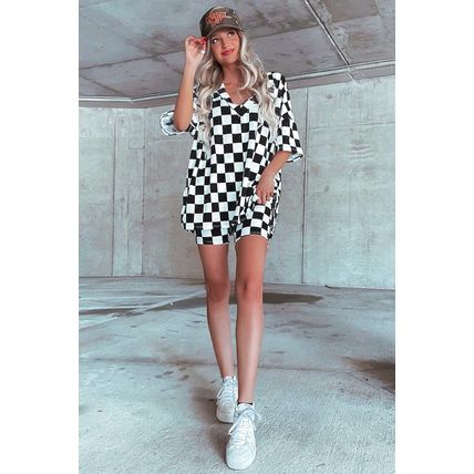 Black Checkerboard Print V Neck Loose Tee and Shorts Lounge Set