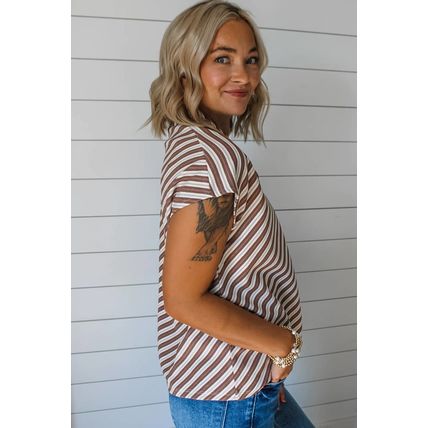 Chestnut Striped Stand V Neck Short Sleeve Blouse