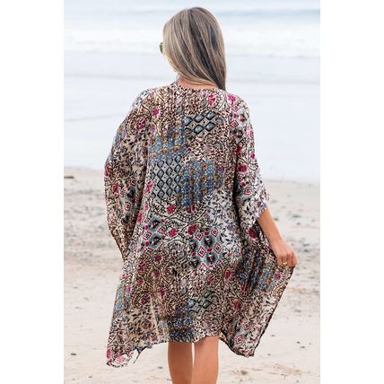 Apricot Floral Print Short Wide Sleeve Open Front Loose Kimono