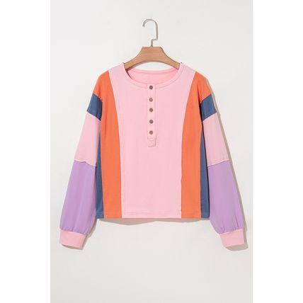 Pink Colorblock Long Sleeve Buttons Henley Top