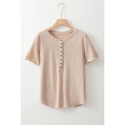 Oatmeal Short Sleeve Half Button Ribbed Knit Top