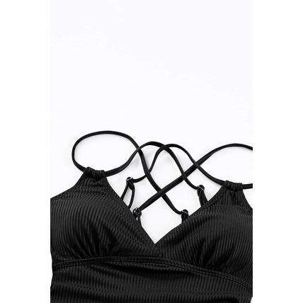 Black Ribbed Dual Crisscross Straps Cut-Out Back Tankini Suit