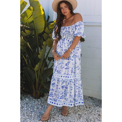 Sky Blue Floral Print Square Neck Bubble Sleeve High Waist Maxi Dress