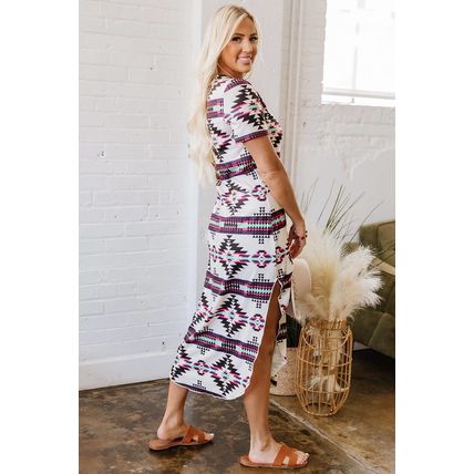 Beige Western Aztec Printed Long T-shirt Dress