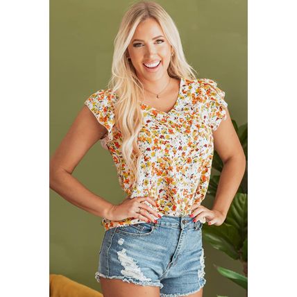 Green Floral Print Ruffled Sleeveless V Neck Tank Top