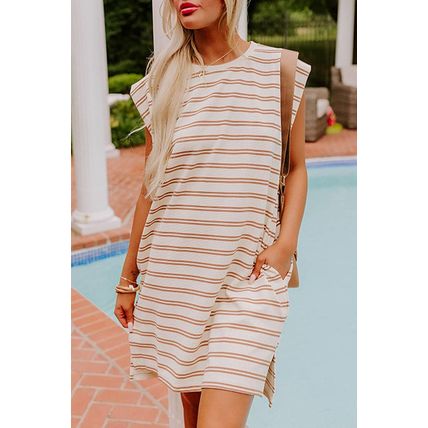 Khaki Stripe Round Neck Sleeveless Casual Pocketed Mini Dress