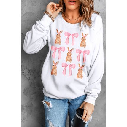 White Easter Bunny Bow Print Round Neck Pullover Sweatshirt