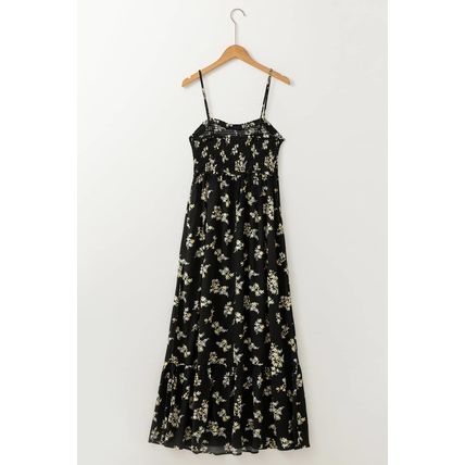 Black Floral Spaghetti Strap Shirred Bodice Tied Empire Waist Maxi Dress