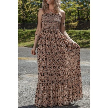 Brown Floral Smocked Bodice High Waist Flowy Sun Dress