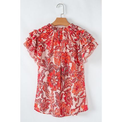 Red Vintage Floral Ruffle Sleeve V Neck Blouse