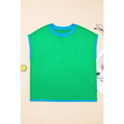 Green Contrast Trim Round Neck Short Sleeve Loose Knit Sweater