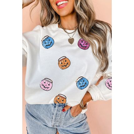 White Halloween Pumpkin Lantern Sequin Patched Sweatshirt