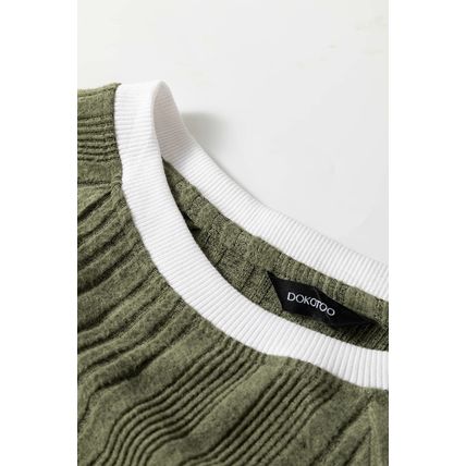 Moss Green Ribbed Contrast Cuffed Round Neck Long Sleeve T Shirt