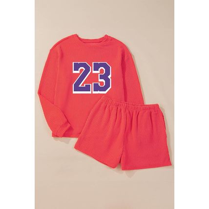 Gold Flame Twisted Rib Texture Number 23 Printed Long Sleeve Short Set