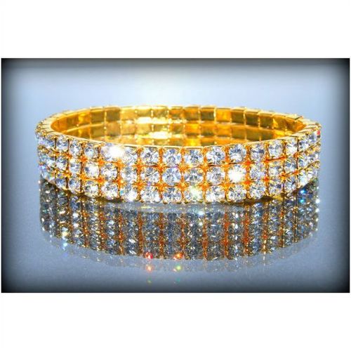 3 Row Wedding Party Clear Rhinestone Stretch Gold Plated Bracelet Jewellery 1365