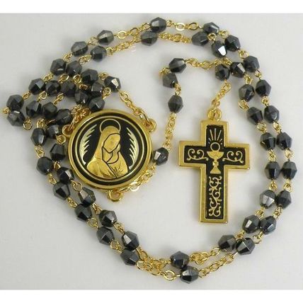 Damascene Gold Rosary Cross Virgin Mary Black Beads by Midas of Toledo Spain