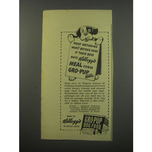 1943 Kellogg's Gro-Pup Dog Food Ad - meat rationing won't bother dogs
