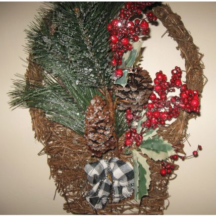 Wintery Wall / Door Decoration - Artificial Arrangement In Flat Basket