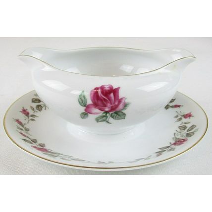 Diamond China Moss Rose Gravy Boat with Attached Underplate, Japan, Excellent!!