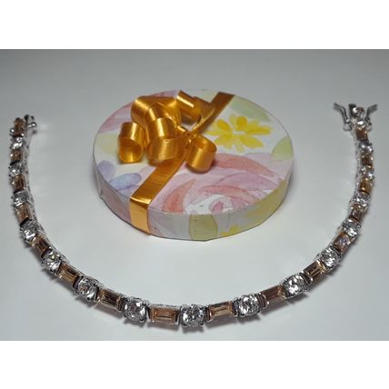 7.0ctw Emerald Cut Golden CZ & Rd CZ Sterling Silver 7 1/4" Tennis Bracelet16935