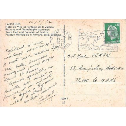 Lausanne Hotel de Ville Switzerland postcard posted 1972 VGC