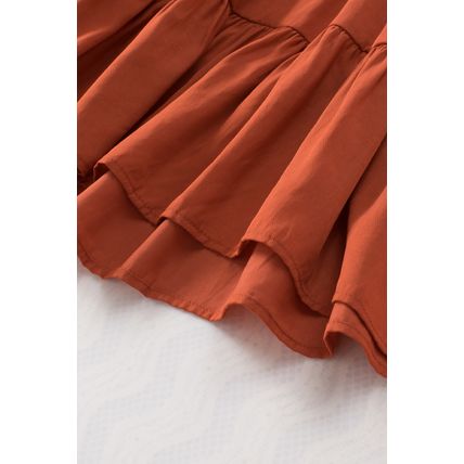 Brown Boho Solid Shirred Ruffle Mini Dress